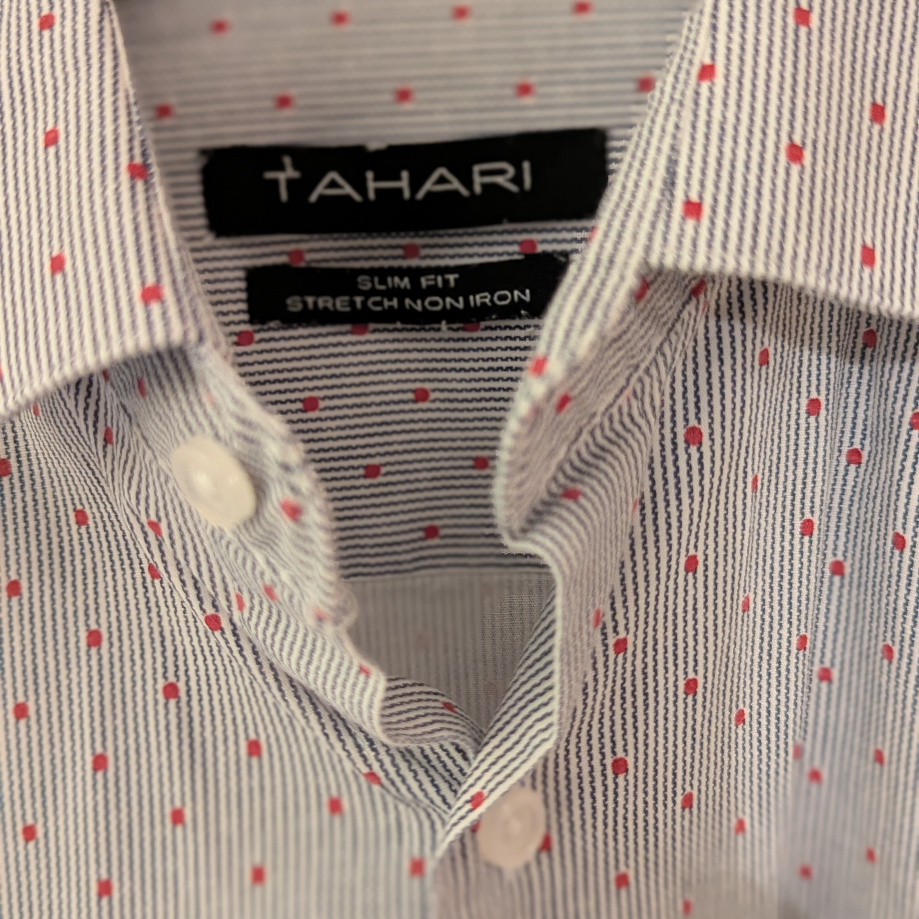 Tahari Men's Casual Shirt - Subtle Blue Lines And Red Dots